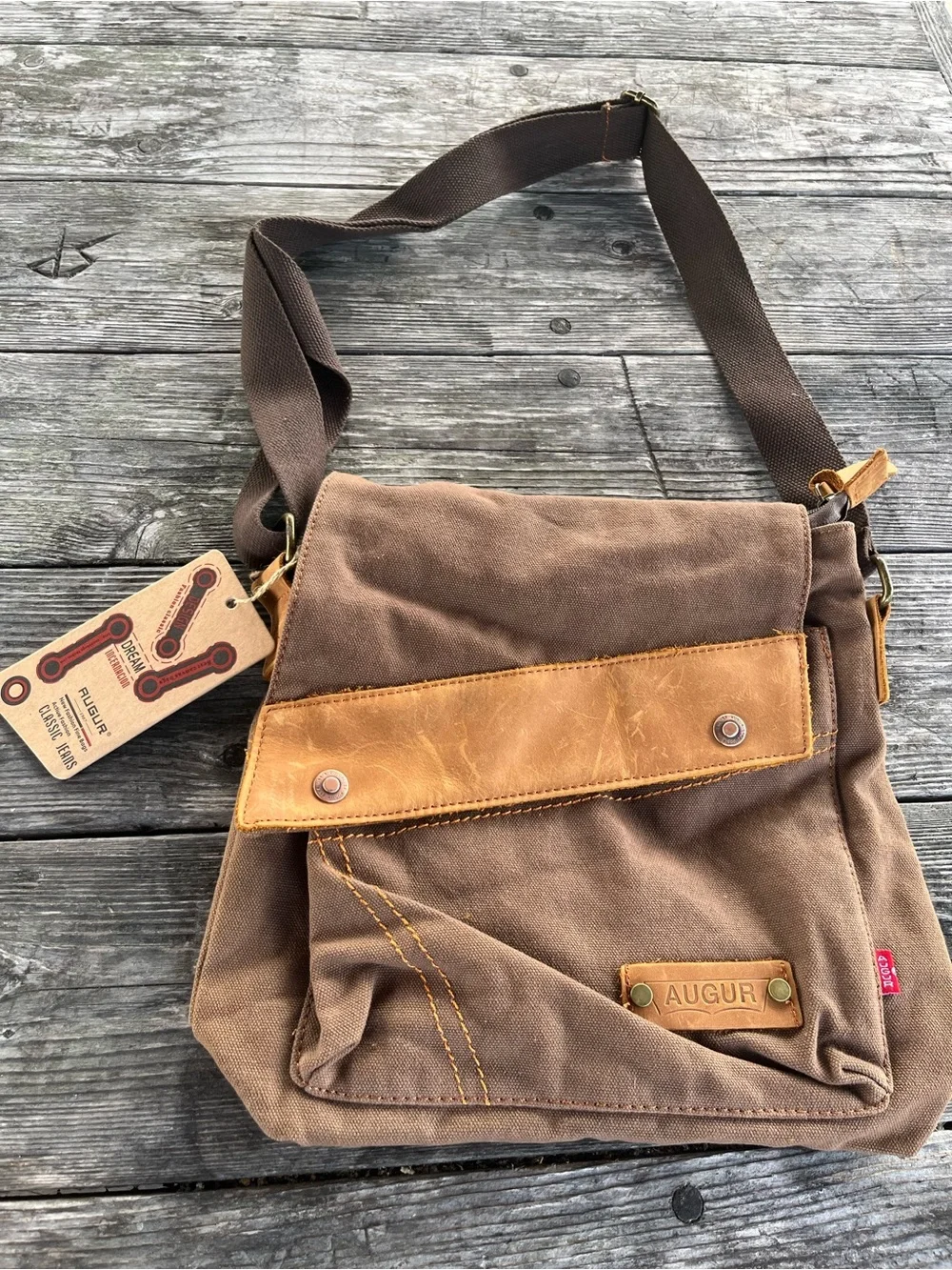 AUGUR Brown Canvas & Tan Leather Trim Messenger Bag for Men or women 11”x12” NWT